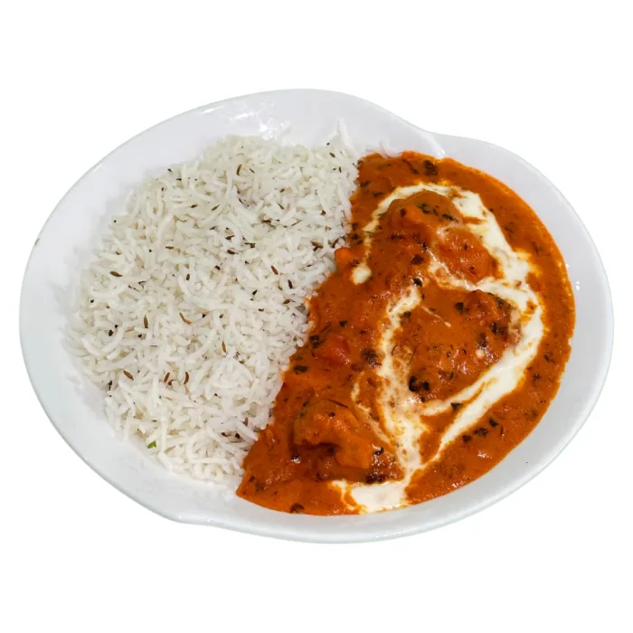 Butter Chicken Combo Meal: Creamy butter chicken served with a portion of rice and your choice of naan or roti, garnished with fresh herbs.