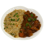 Spicy and tangy chilli chicken paired with fragrant fried rice for a flavorful Indo-Chinese meal.
