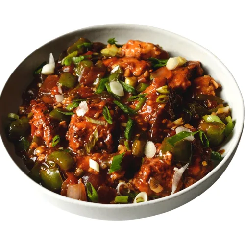 Juicy chicken pieces stir-fried with bell peppers, onions, and a tangy, spicy chili-garlic sauce.