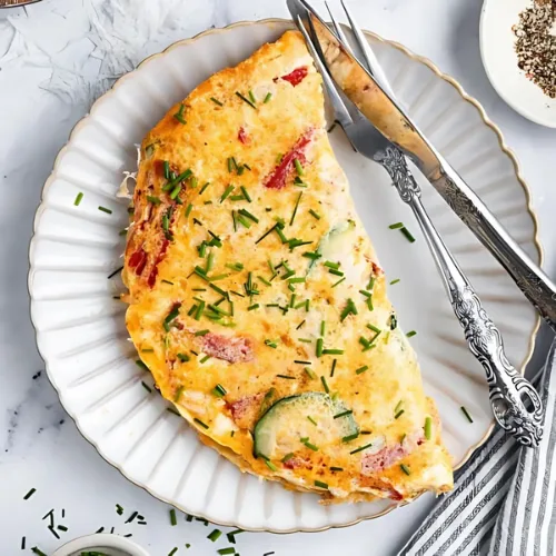 Fluffy and golden egg omelette made with beaten eggs, seasoned with onions, tomatoes, or herbs.