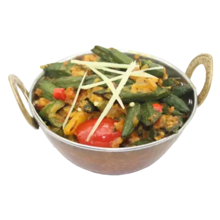 Fresh okra cooked with aromatic spices, onions, and tomatoes for a flavorful and wholesome vegetarian dish.