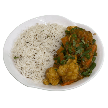 A wholesome meal featuring spiced mixed vegetables served with rice and your choice of naan or roti.