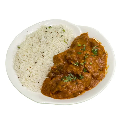 Mutton Curry Combo Meal: Tender mutton cooked in a rich, spiced curry, served with rice and your choice of naan or roti for a hearty meal.