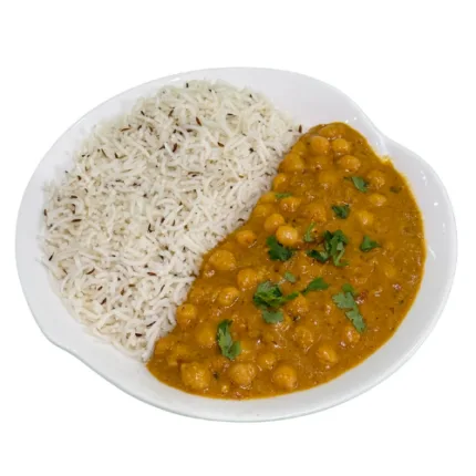 Spiced chickpea curry served with aromatic basmati rice for a hearty and flavorful meal.