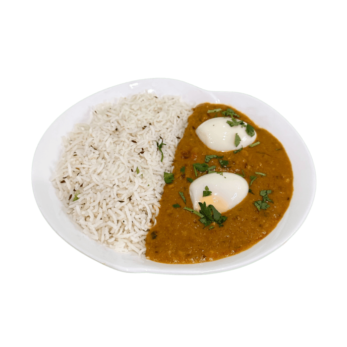 Boiled eggs simmered in a flavorful spiced curry, served with rice and your choice of naan or roti.