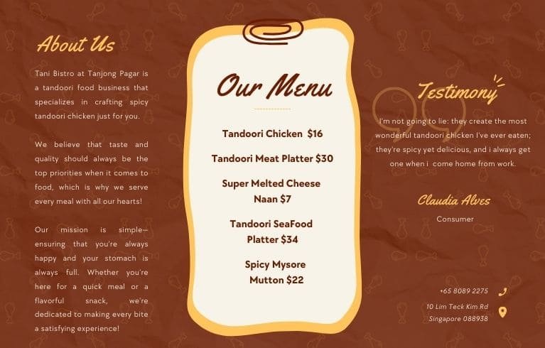 Poster showcasing Tani Bistro's diverse food menu with a variety of flavorful Indian dishes.
