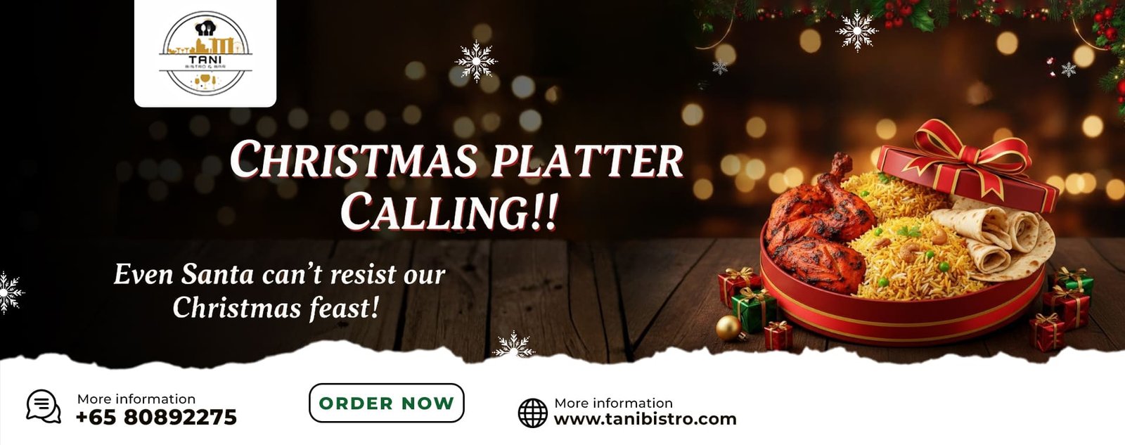 Christmas platter from Tani Bistro featuring fragrant biryani, tandoori chicken, and soft rotis in a festive gift box with holiday decorations.